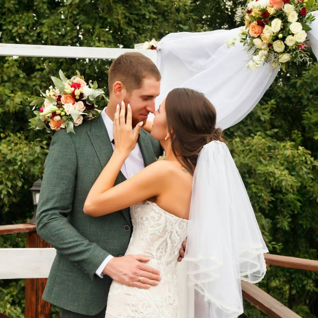 Wedding ceremony outdoors. Bridal couple bride and groom on wed irish style event in country